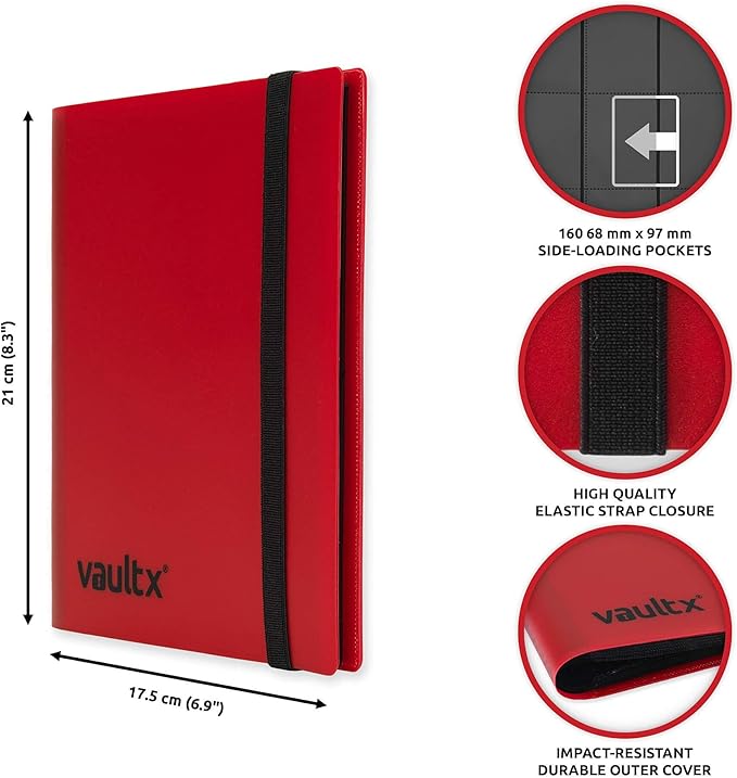 Vault X 4 Pocket Standard Strap Binder, Holds 160 Trading Cards in 20 Side-Loading Pages (Red)