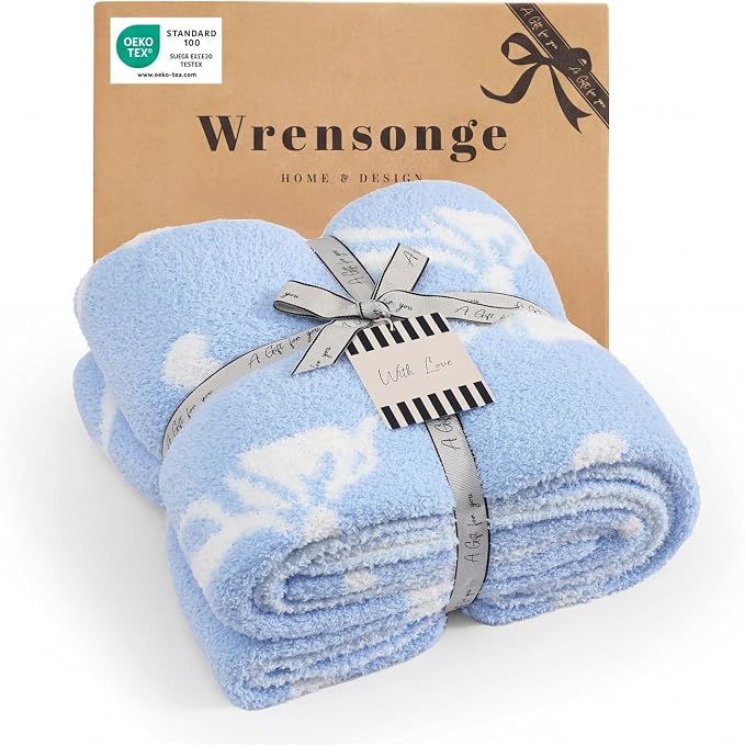 Soft Throw Blanket for Couch-Cozy Reversible Knitted Blankets | Lightweight Warm Fluffy Decor for Women, Mom, Her & Girls, Sofa, Chair, Bed, 50x60in, Blue Bow