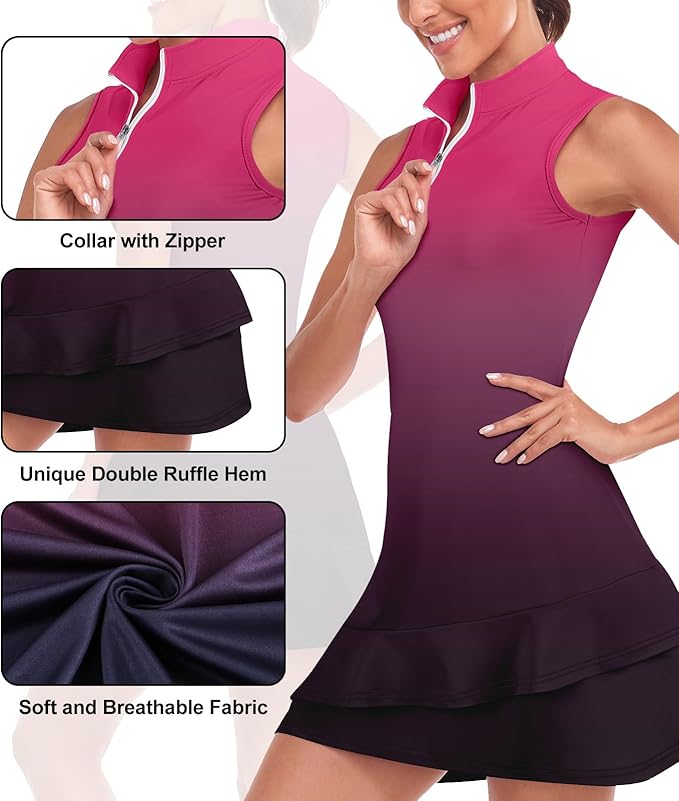 Viracy Tennis Dress for Women Sleeveless Golf Dresses with Shorts and Pockets Ruffle Zip Up Stand Collar Golf Outfits