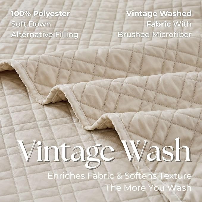 Cali King Quilt Set with Shams Lightweight Quilted Bedspread Coverlet Thin Comforter Bed Cover Vintage Washed Quilted Blanket for All Season, Brushed Microfiber Diamond Stitching, Beige, 111"x92"