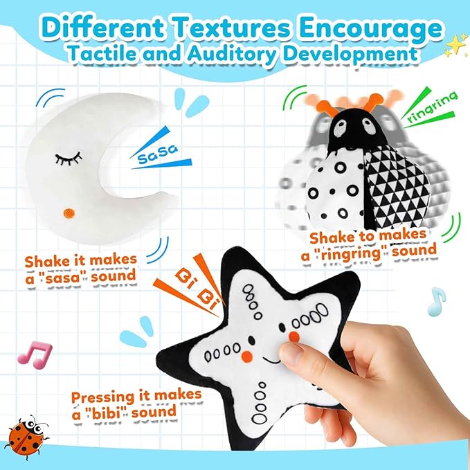 kizh Baby Hanging Stroller and Car Seat Toys High Contrast Baby Toys for Newborn Black and White Sensory Plush Activity Toy for Babies 0-6 Months-Bug