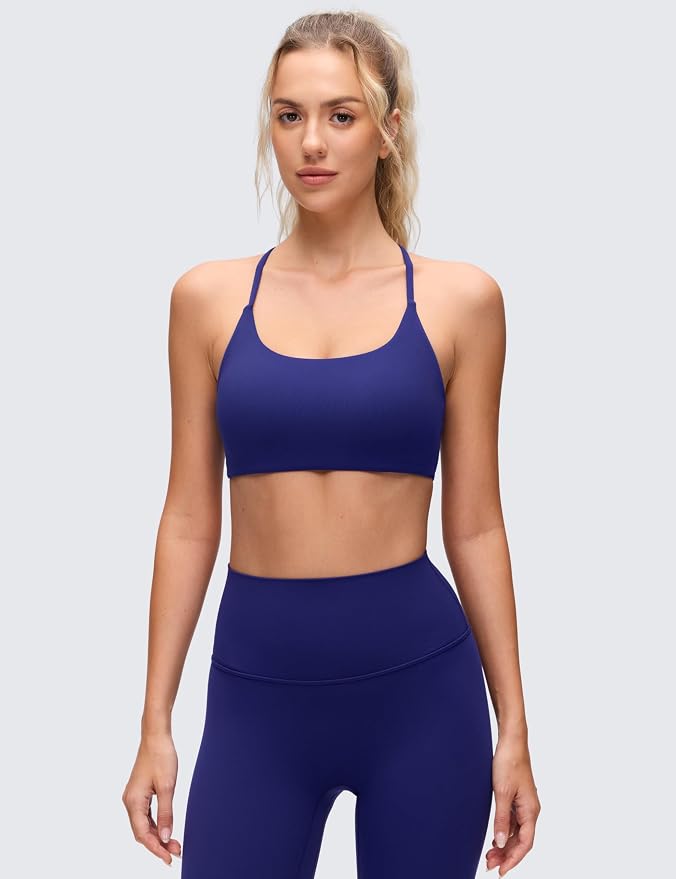 CRZ YOGA Butterluxe Twist Cross Back Sports Bras for Women - U Neck Padded Adjustable Spaghetti Straps Yoga Top