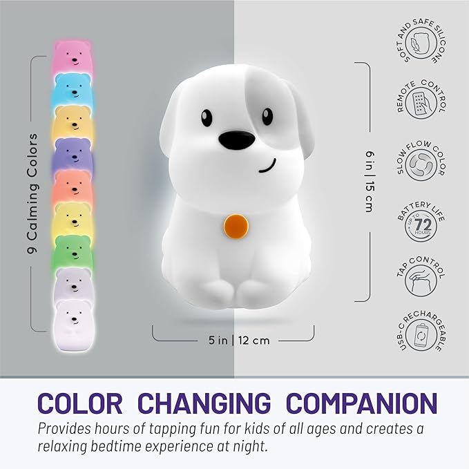 Lumipets Pepper The Puppy Dog Squishy Silicone Night Light for Kids | Cute Night Light with Remote & Touch Control for Baby & Toddler Bedrooms | Color Changing Animal Lamp | Soft Portable Nightlight