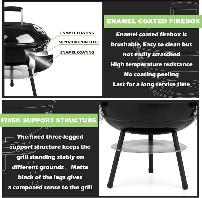 14 inch Charcoal Grill, Joyfair Small Portable Camping BBQ Kettle Grill | Outdoor Mini Barbecue Grill With Locking Lid for Patio/Tabletop/Tailgates Cooking Grilling, Enamel Coated & Dual Vent System