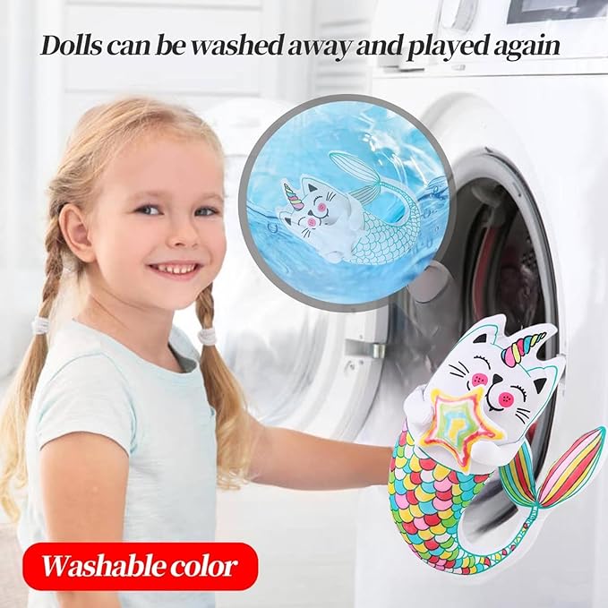 Coloring Plush Toy with 5 Washable Markers for Little Girls Doodle Dolls for Kids Ages 4-6 Birthday Christmas Presents (Fish Cat)