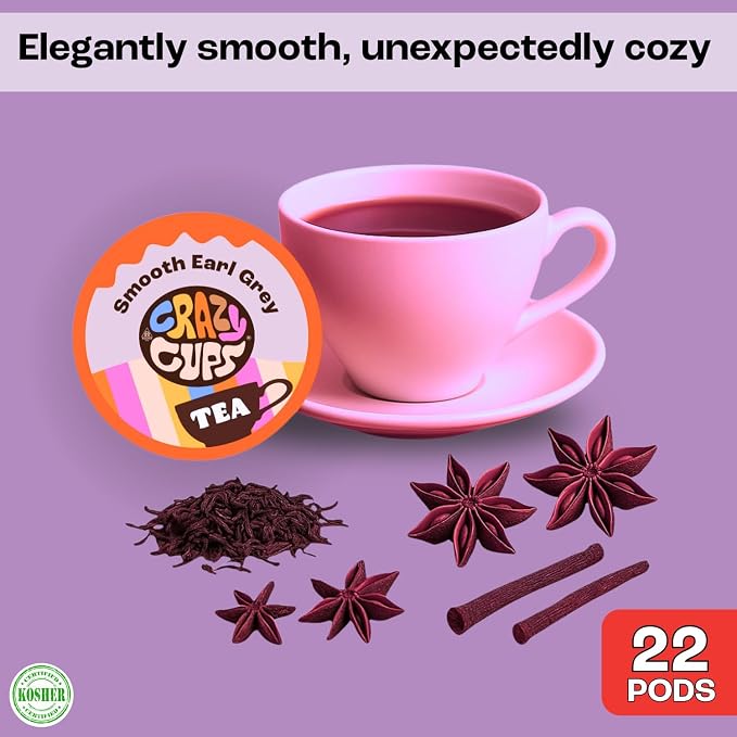 Crazy Cups Smooth Earl Grey Herbal Tea Pods, 22 Count | Caffeine Free, Kosher Certified Black Tea Blend with Licorice Root & Star Anise, K Cup Compatible, Bold Bergamot Flavor, Gluten Free, Vegan