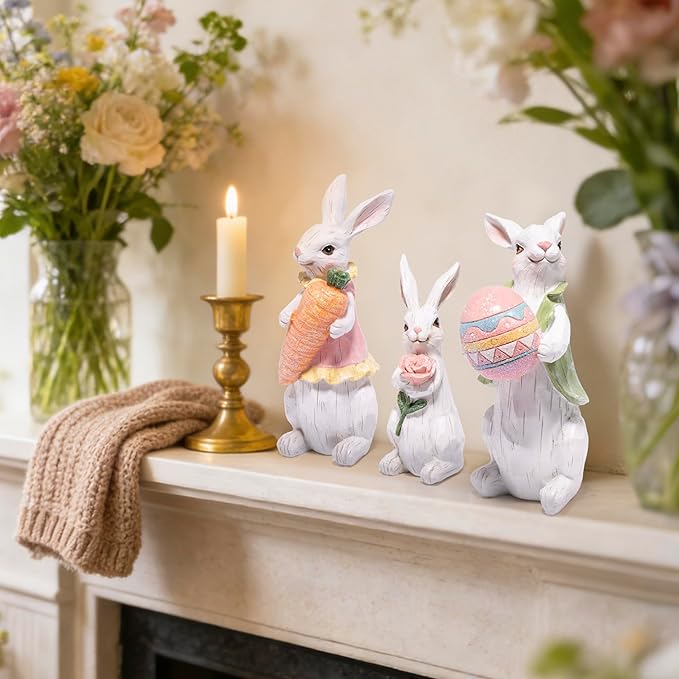Hodao Easter Bunny Family Figurines, Hand-Painted Resin Rabbit Decor Set with Carrot, Flower & Easter Egg, Rustic Farmhouse Spring Tabletop Decorations, Cute for Home, Shelf, Mantel