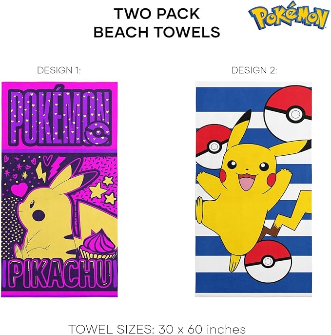NORTHWEST Pokémon Beach Towel 2-Pack – Oversized, Soft, Absorbent, Sand-Free & Fast-Drying, Featuring Sweet Summer Pikachu Designs 30" x 60"