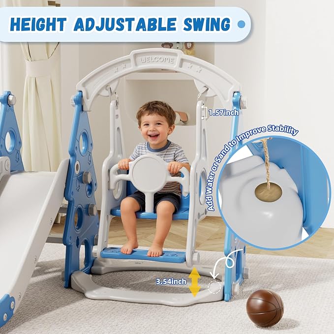 XJD 4-in-1 Toddler Slide and Swing Set, Kids Slide for Toddlers Age 1+, Toddler Outdoor Playset with Basketball Hoop, Swing, Christmas Birthday Gifts for Kids (Light Blue)