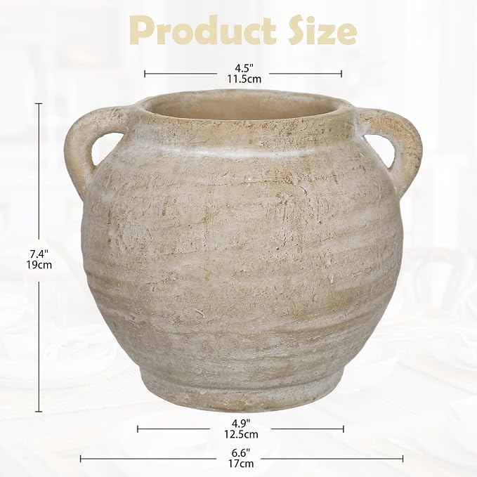 Briful Rustic Farmhouse Vase with Handles, 7.4" Ceramic Vases for Tabletop | Beige Pottery Distressed Antique Earthenware for Modern Farmhouse, Kitchen Counter Shelves Coffee Entryway Centerpiece