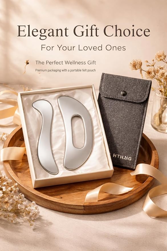 Stainless Steel Gua Sha Muscle Scraping Tool, Ergonomic Body Massage Scraper with Smooth Curved Edge, Handheld Manual Massager for Neck, Shoulders, Back, Arms and Legs, Includes Storage Pouch