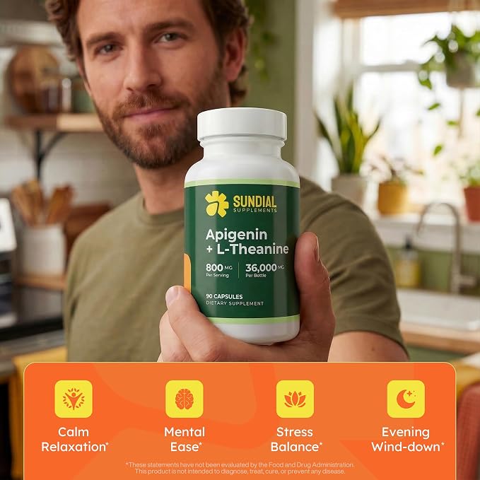 Apigenin 200 mg + L-Theanine 600 mg - Adult Daily Supplement (90 Capsules, 45 Servings)