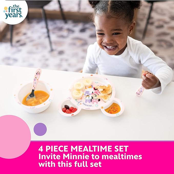 The First Years Disney Minnie Mouse Kids Dinnerware Set - Includes Toddler Plate, Bowl, Fork, and Spoon - Baby Led Weaning Supplies - 4 Count- Ages 9 Months and Up