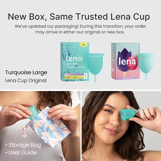 Lena Menstrual Cup Original - Soft Medical-Grade Silicone Period Cups for Women Heavy Flow, Reusable and Comfortable 12-Hour Leak-Free Protection, Beginner-Friendly Feminine Care - Large, Turquoise