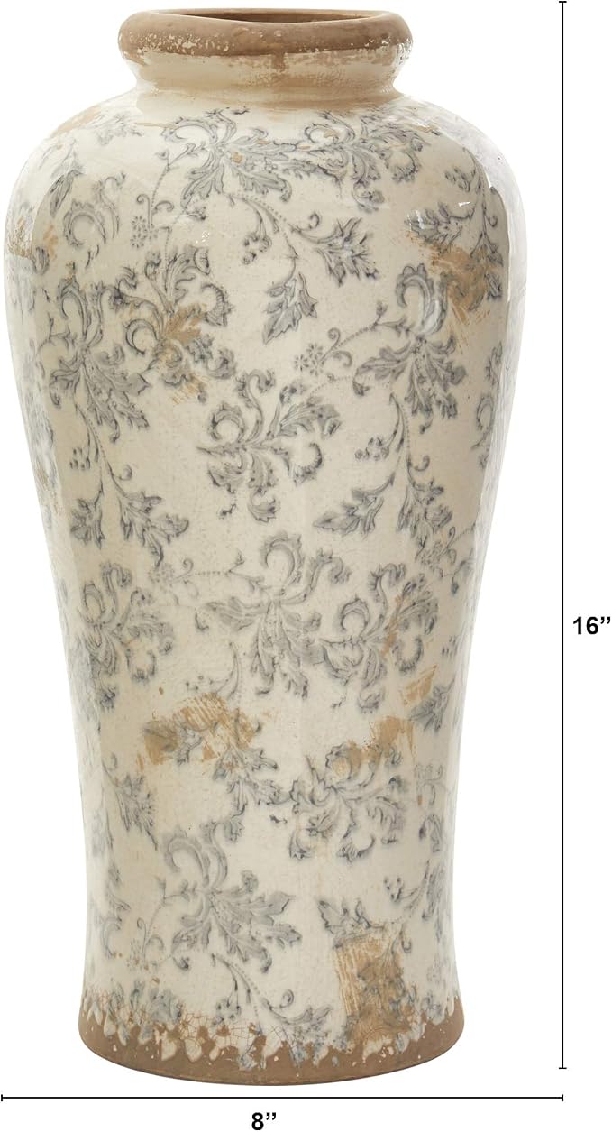 Nearly Natural 16 in Tuscan Ceramic Floral Scroll Urn Vase Room Decor | Vintage Country-Chic Planter, No-Drainage Holes, Sturdy Homey Jar Included, Perfect for Beautiful Inside Arrangements