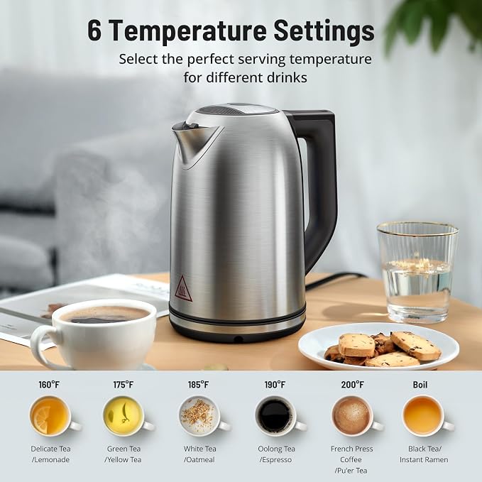 PARIS RHÔNE Electric Tea Kettle, 1.7L Temperature Control Electric Kettle, 4H Keep Warm Water Boiler with 6 Presets, LED Screen Electric Kettles for Boiling Water, Boil-Dry Protection, BPA Free