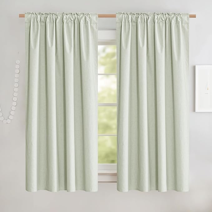 NICETOWN Light Green Blackout Kitchen Curtains 45" Length, Pair of Thermal Insulated & Energy Efficiency Drapes for Kids' Room, Linen Blend Short Curtains for Basement, W52 x L45