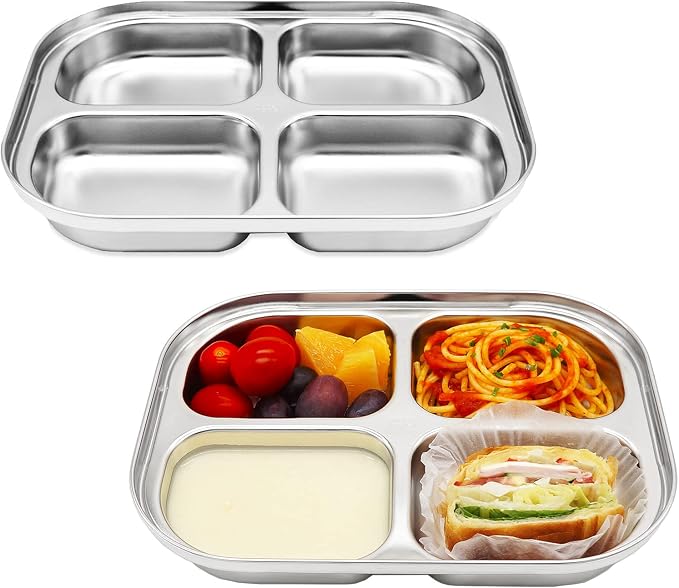 Korean Stainless Steel Non-Toxic Divided Plates for Toddlers & Kids 2-Pack | Premium 304 electro-polished stainless steel, no black residue, BPA-free tray for babies healthy & balanced meals