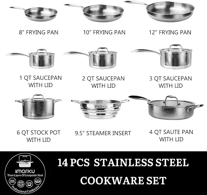 imarku 14-Piece Tri-Ply Hammered Stainless Steel Cookware Set | Multifunctional 14pc Pots and Pans with Steamer | Non-Toxic No-Coating Nonstick | Induction & Oven-Safe up to 500°F