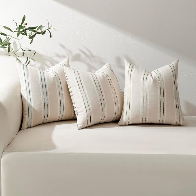 Hckot Stripe Throw Pillow Covers 18x18 Set of 2 Teal Blue Pillow Covers | Farmhouse Decorative Pillows Textured Linen Square Cushion Covers for Sofa Couch Bed Living Room Decor