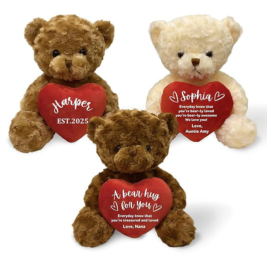Personalized Teddy Bear Stuffed Animal with Heart, 9.8 Inch Custom Bear Plush with Name Text Logo, Christmas Birthday Gift for Girls Kids Adults Valentines Graduation Keepsake