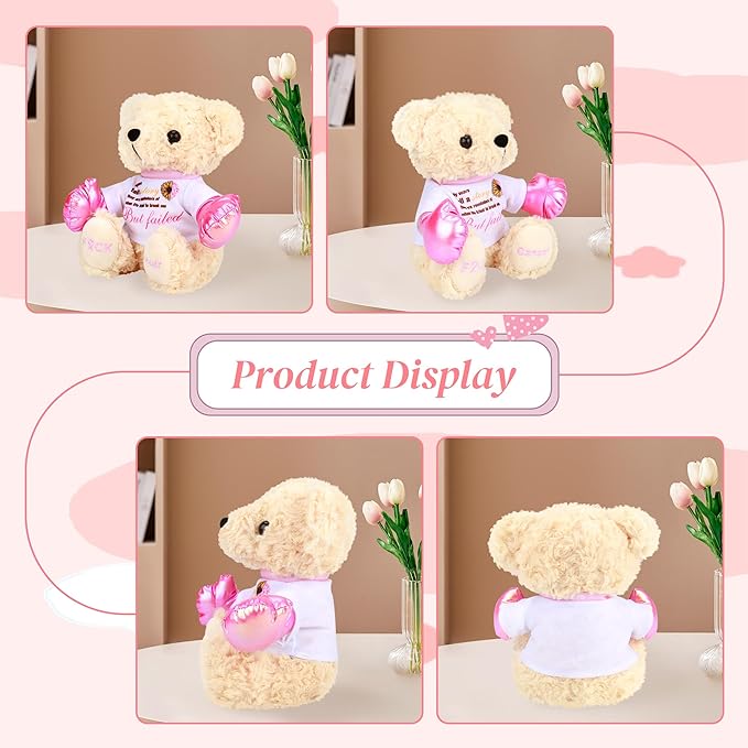 Breast Cancer Awareness Stuffed Bear Plush – 8" Fuck Cancer Teddy Bear Stuffed Animal Toy with Pink Boxing Gloves, Breast Cancer Comfort Gifts for Women, Inspirational Gift For Cancer Warrior Fighter