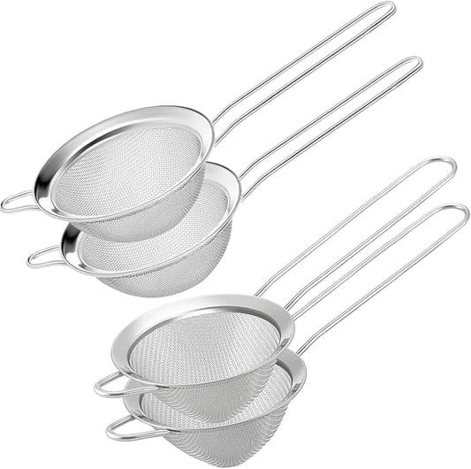 Small Fine Mesh Strainer Set, Stainless Steel Mini Sieve, Bar Strainer for Cocktail, Juice, Coffee, Tea Strainer for Loose Leaf Tea, Mini Sifter for Matcha, Flour, 4 PCS | 3.15 In Mini Strainer, for Cocktails, Loose Tea, Juice, Fits Most Cups and Mugs