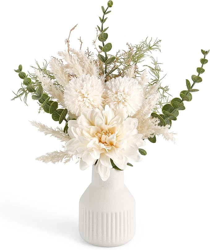 Mkono Fake Flowers in Ceramic Vase, 12.5" Coffee Table Centerpieces, White | Table Decor with vase, Small Silk Faux Artificial Flower Arrangements, Fits Bathroom Dining Room Kitchen Home Indoor Decor