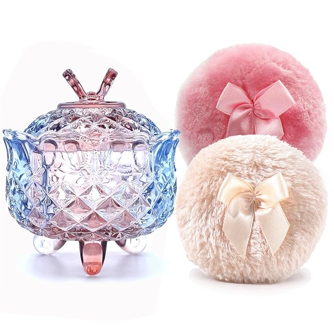 Luxury 4 Inch Glass Powder Jar with 2 Soft 3.5" Puffs,Body Powder Puff and Container (Butterfly-Colorful Purple)