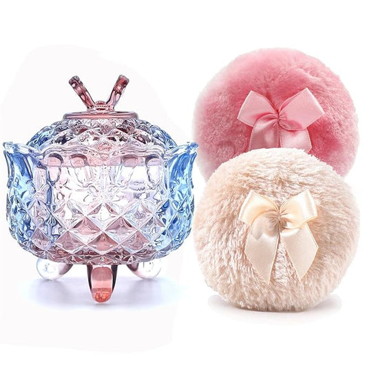 Luxury 4 Inch Glass Powder Jar with 2 Soft 3.5" Puffs,Body Powder Puff and Container (Butterfly-Colorful Purple)