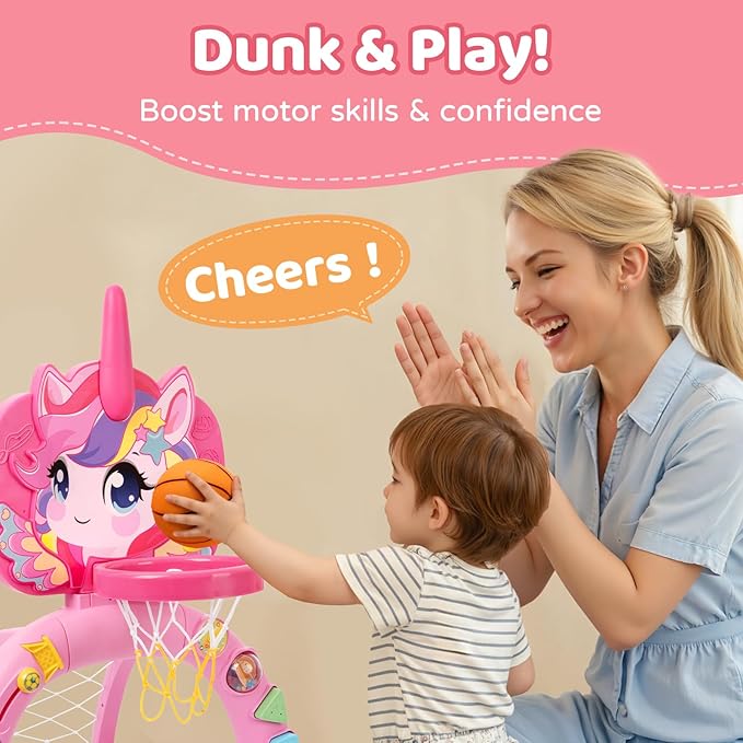 Fabeto Basketball Hoop & Soccer Goal for Toddlers – 3-in-1 Sports Play Set with Ring Toss | Indoor Outdoor Activity Toy for 1 2 3 Year Old Boys | Birthday for Active Play (Pink)