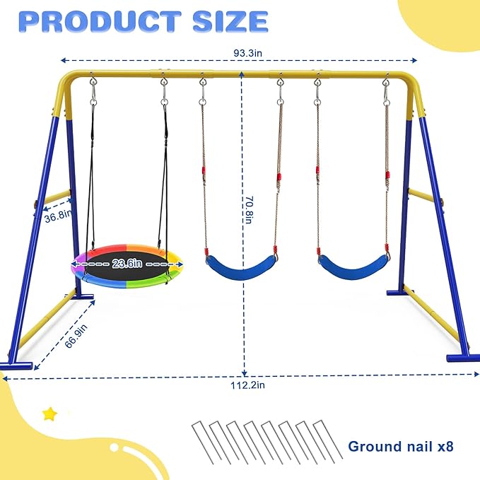 3-in-1 Swing Set for Backyard for Kids, with 1 Platform Swing, 2 Belt Swing, 600lbs Metal Swing Set for Toddler, Heavy-Duty Swing Stand w/8 Ground Stakes, Outdoor Swingset for Kids Adults (Blue)
