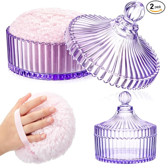 Tioncy 2 Pcs Extra Large Dusting Powder Puff and Container for Women-6'' Glass Crystal Dusting Powder Container with Body Soft Washable Reusable Velour Face(Purple,Classic)