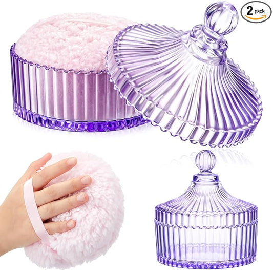 Tioncy 2 Pcs Extra Large Dusting Powder Puff and Container for Women-6'' Glass Crystal Dusting Powder Container with Body Soft Washable Reusable Velour Face(Purple,Classic)