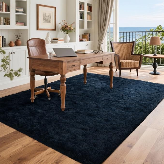 5x7 Fluffy Area Rug Blue Rugs for Living Room, Plush Soft Navy Blue Shag Carpet for Bedroom Boys Book Room Nursery Kids Playroom Dorm Decor