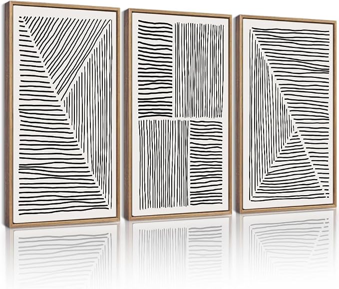 Drsoum Mid-Century Modern Framed Wall Art Large 16x24in Minimalist Abstract Boho Black Line Wall Decor Geometric Artwork Kitchen Dining Room Natural Framed