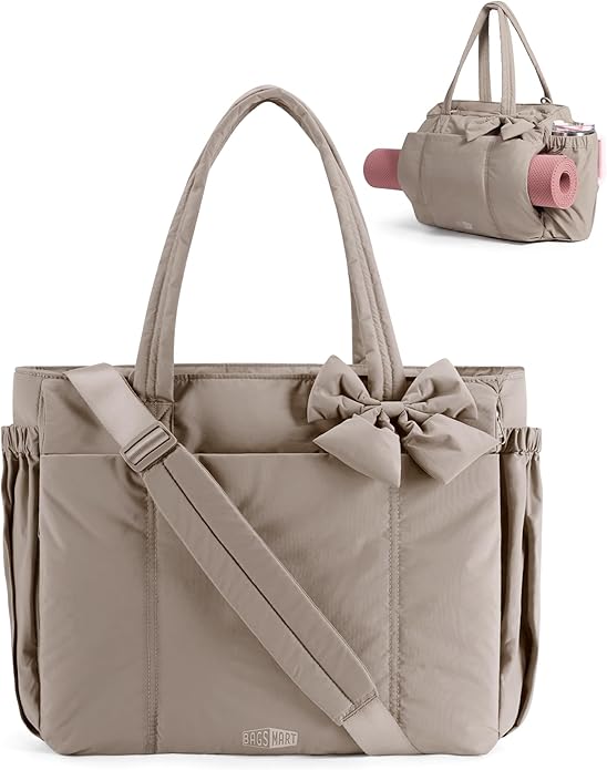 BAGSMART Crush Bow Tote Bag for Women, Puffer Travel Work Yoga Laptop Bag | Large Bow Tote Fits 40oz Tumbler, 15.6" Laptop, Yoga Mat Sleeve, Waterproof Pocket, Travel Work Swim Gym Mom Shoulder Handbag