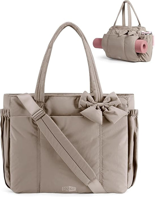 BAGSMART Crush Bow Tote Bag for Women, Puffer Travel Work Yoga Laptop Bag | Large Bow Tote Fits 40oz Tumbler, 15.6" Laptop, Yoga Mat Sleeve, Waterproof Pocket, Travel Work Swim Gym Mom Shoulder Handbag