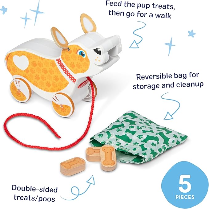 Melissa & Doug Feed, Walk & Poo Pup Wooden Preschool Pull Toy Play Set Ages 3+ - FSC Certified