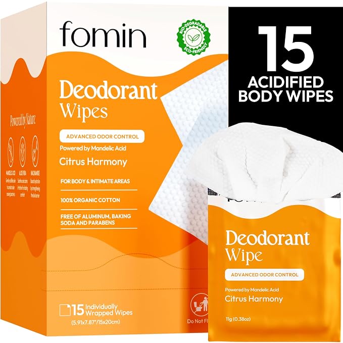 FOMIN Acidified Travel Deodorant Wipes for Women & Men - 15 Count - Citrus Harmony - pH Balanced, Mini Deodorant Travel Size Wipe - Plastic-Free, Individually Wrapped Underarm Body Wipes