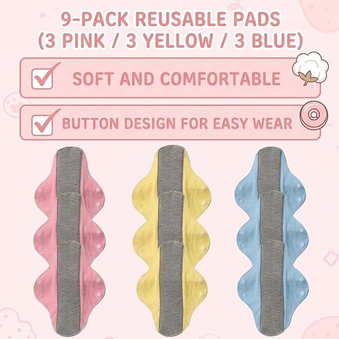 9 PCS Washable Incontinence Pads for Women, Reusable Incontinence Pads for Women, Reusable Panty Liners, Set with 3 Pink, 3 Yellow, 3 Blue, Soft and Absorbent, Comfortable and Discreet