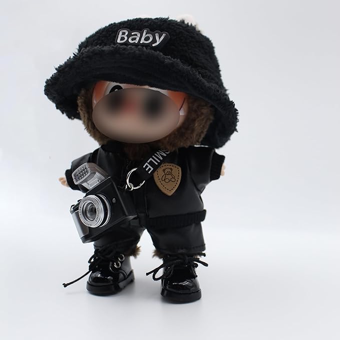 Original Design Doll Clothes Black Whole Set for 17cm Labubu with Hat,Jacket,Pants,Camera,Shoes(NO Doll)