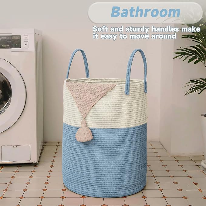 JMvicyroam 80L Cotton Rope Laundry Basket Hamper, White and Blue | Collapsible laundry basket, reinforced handles, freestanding, machine washable, holds 3-5 thick blankets, clothes or toys