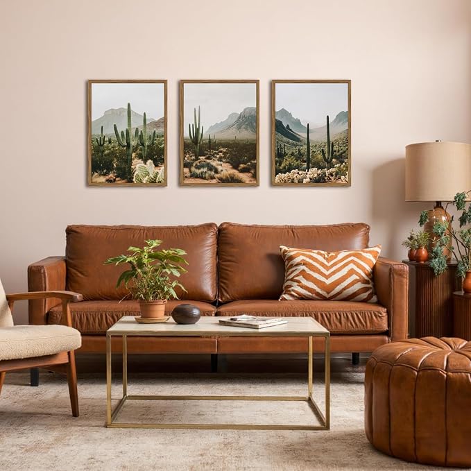 Framed Desert Landscape Wall Art Set of 3, Vintage Southwestern Cactus Wall Decor Paintings, Mexican Mountain Botanical Pictures Canvas Prints for Living Room Bedroom Bathroom Office 12x16 inch