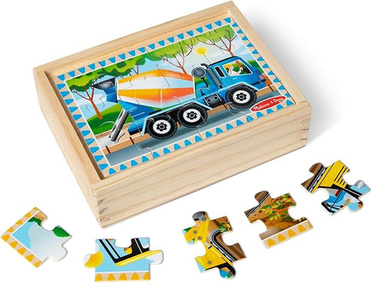 Melissa & Doug 4‑in‑1 Wooden Construction Vehicles Jigsaw Puzzle Set, 48 Pieces with Storage Box, Toddler Puzzle Toy for Kids Ages 3+ - FSC Certified