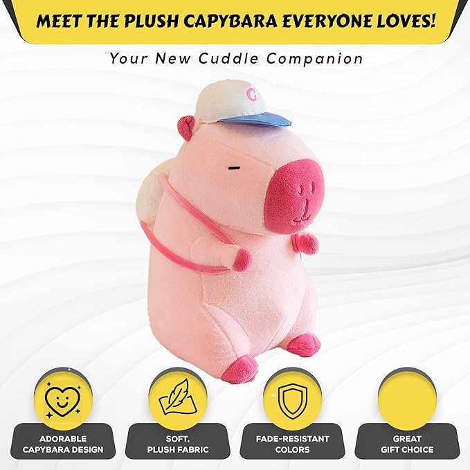 13.7 Inch Cute Pink Capybara Plush Toy with Baseball Backpack, Cute Animal Plush, Doll Birthday Gift for Kids Boys Girls, Kawaii Anxiety Stuffed Animal Plushie, Bedtime Huggable Companion