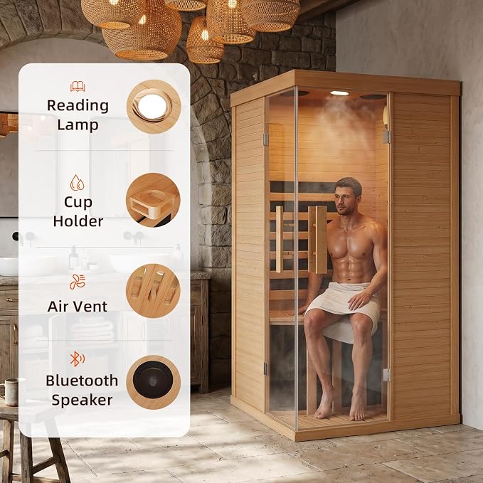 Infrared Sauna for Home, Sauna Spa Room Canadian Hemlock Wood with 10-Color Light , Bluetooth Speakers, Tempered Glass & Control Panel - 149℉ Heating, Indoor Dry & Steam Sauna – 33.5" x 33.5" x 67"