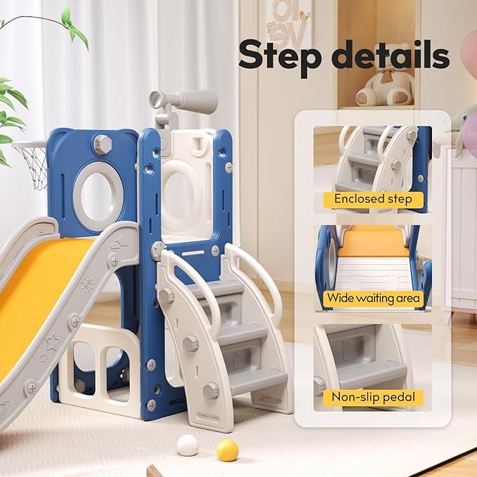 6 in 1 Toddler Playset with Slide,Toddler Slide,Slide for Kids with Basketball Hoop,Ball,Ring Toss,Kids Slide Toddler Playground Toddler Slide Indoor Outdoor Toys