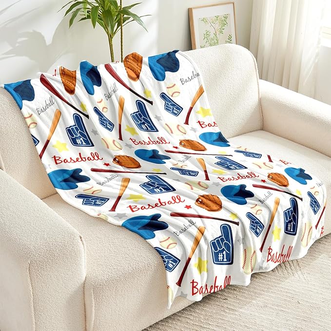 Wajade Baseball Gifts for Boys Girls - Baseball Blanket Birthday Christmas Decor for Kids Age 3 4 5 6 7 8 9 10 11 12 Years Old Teens Child Toddler Throw White 60"x80"