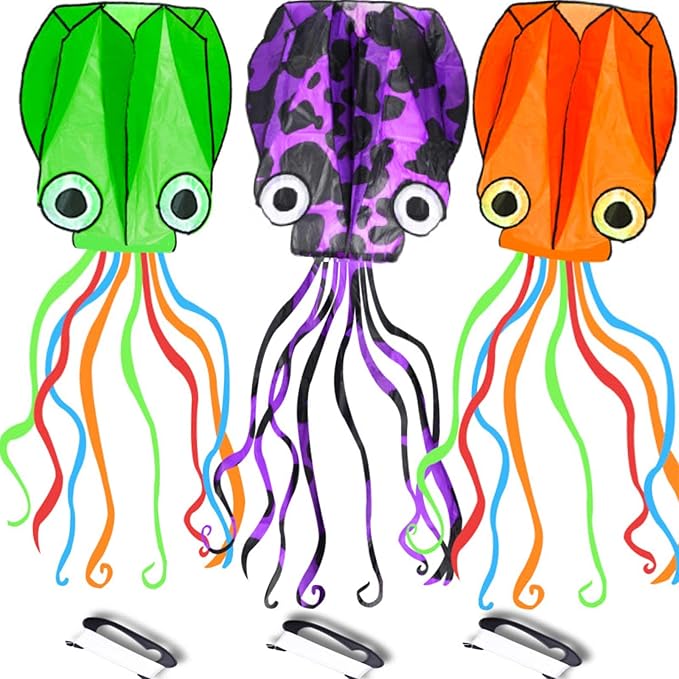 3 Pack Octopus Kite - 3D Beach Kites for People & Kids (Blue, Green, Red) - Easy to Fly, Kite Kit with 100M String